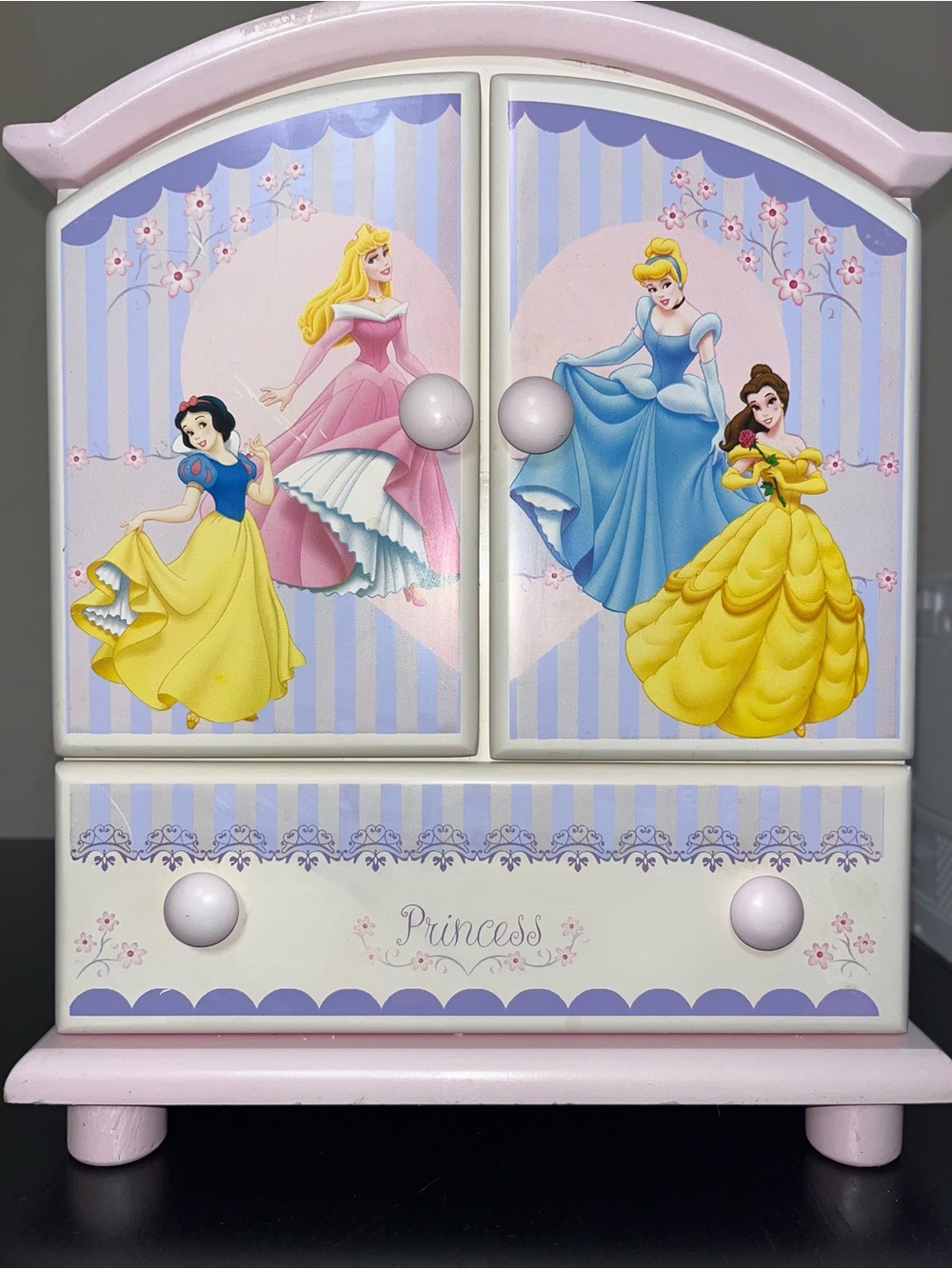 Disney Princesses Pink & White Painted Wood Jewelry Box Chest Armoire 12.5"x10"